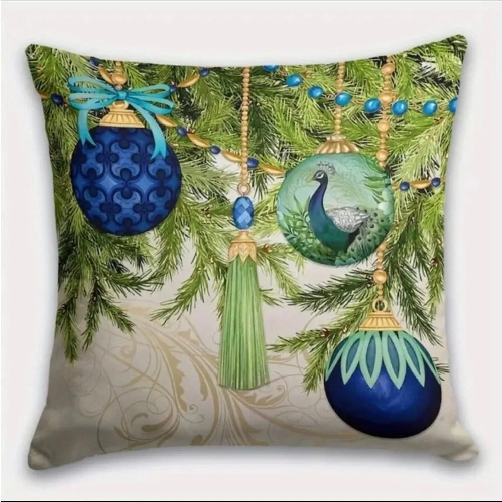 Peacock Ornaments & Tassel Throw Pillow Cover w Zipper Closure, Cream